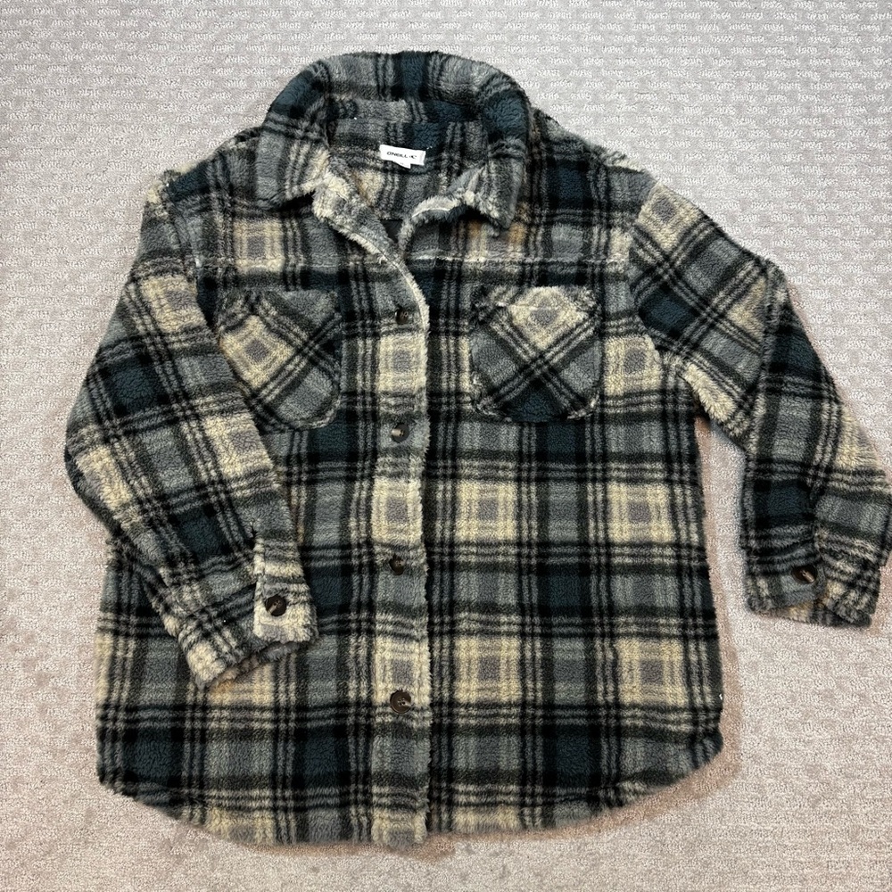 O'neill Oversized Heath Plaid High Pile‎ Fleece Jacket Woman’s Sz Medium Buttons
